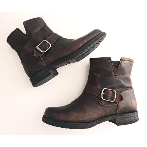 FRYE Veronica Ankle Bootie Dk Brown Distressed Leather Moto Buckle Strap 8.5 - Picture 2 of 14